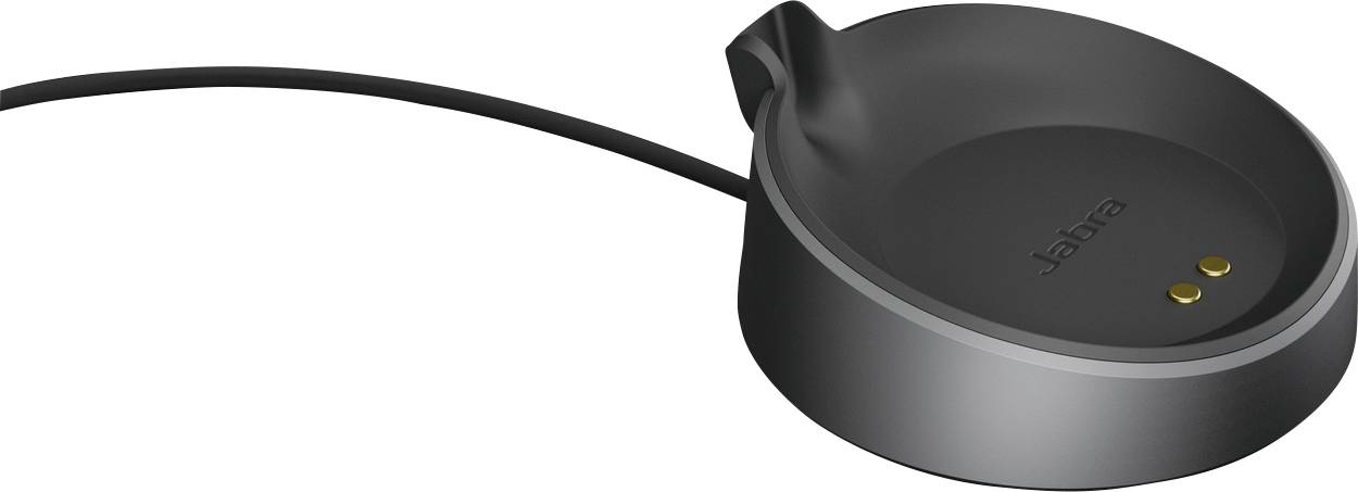 Base di ricarica nera con cavo per dispositivi elettronici, design circolare, due punti di contatto dorati al centro.