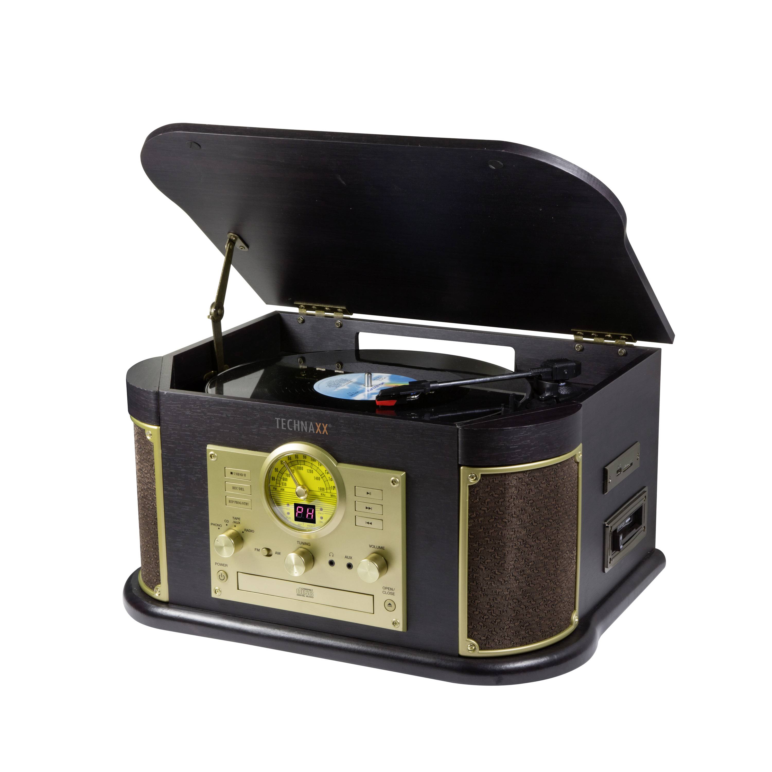 Un giradischi retrò con custodia in legno e altoparlanti integrati riproduce un disco in vinile. Un lettore CD è visibile davanti.