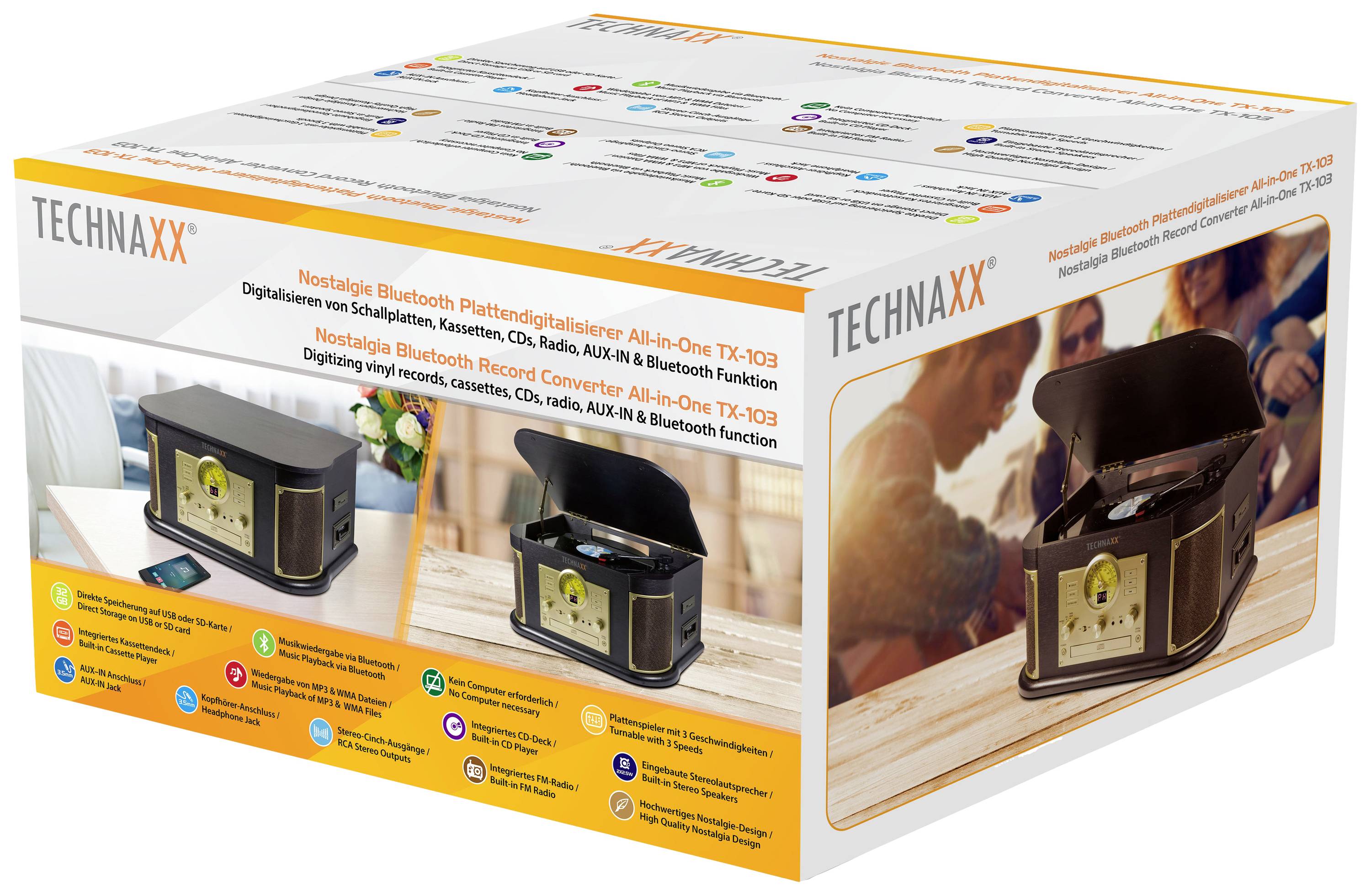Confezione di un giradischi Bluetooth nostalgico del marchio Technaxx. Mostra immagini del prodotto e funzioni come radio e ingresso AUX.