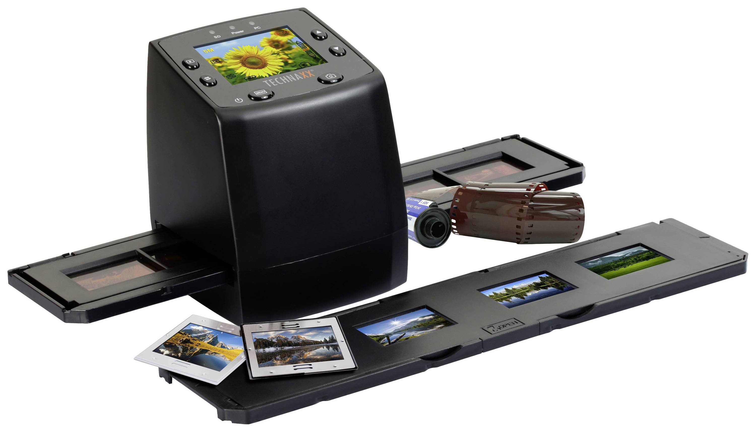 Un scanner per pellicole con diapositive e un nastro di pellicola inseriti. Sopra, un piccolo display mostra dei girasoli. A destra è posizionato un tubo porta-pellicola.