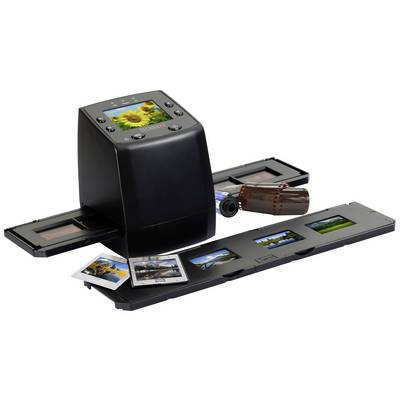 Un scanner per pellicole con diapositive e un nastro di pellicola inseriti. Sopra, un piccolo display mostra dei girasoli. A destra è posizionato un tubo porta-pellicola.