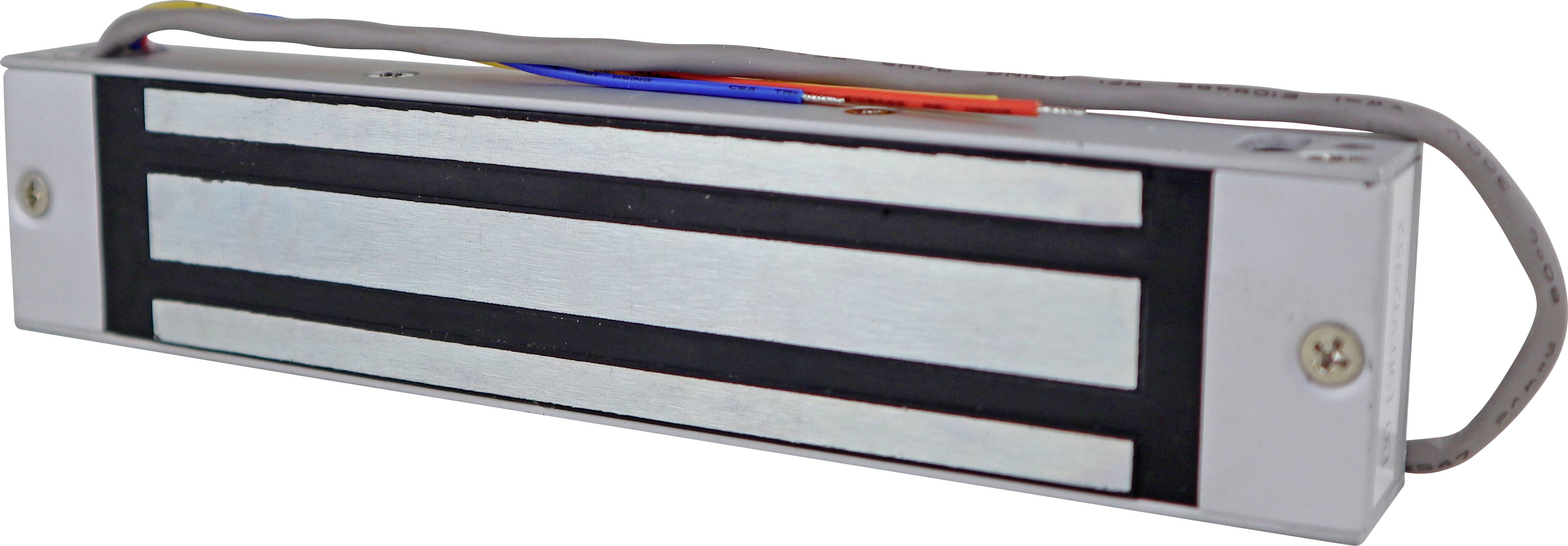 Una serratura elettromagnetica con involucro metallico visibile e connessione cablata per meccanismi di bloccaggio elettrici.