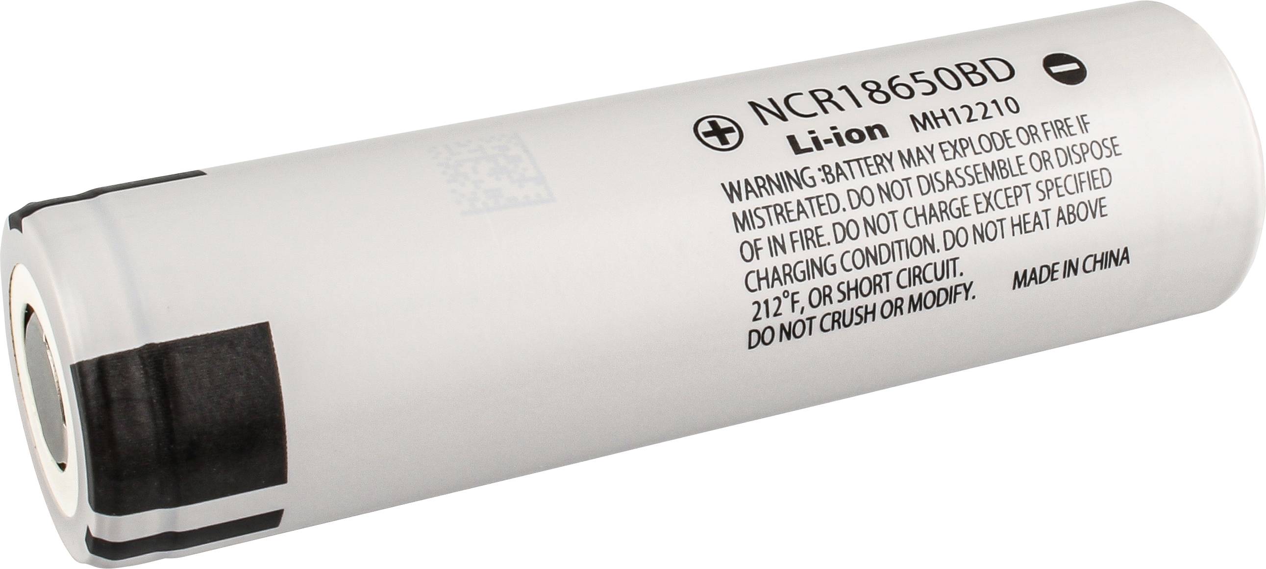 Batteria agli ioni di litio, tipo 'NCR18650BD' con avvertenze: non riscaldare, non aprire o modificare. Adatta per dispositivi specifici. Prodotta in Cina.