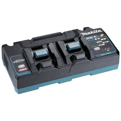 Caricabatterie Makita per batterie della serie XGT, modello DC40RB. Sono visibili due slot di ricarica con indicatori luminosi e comandi.