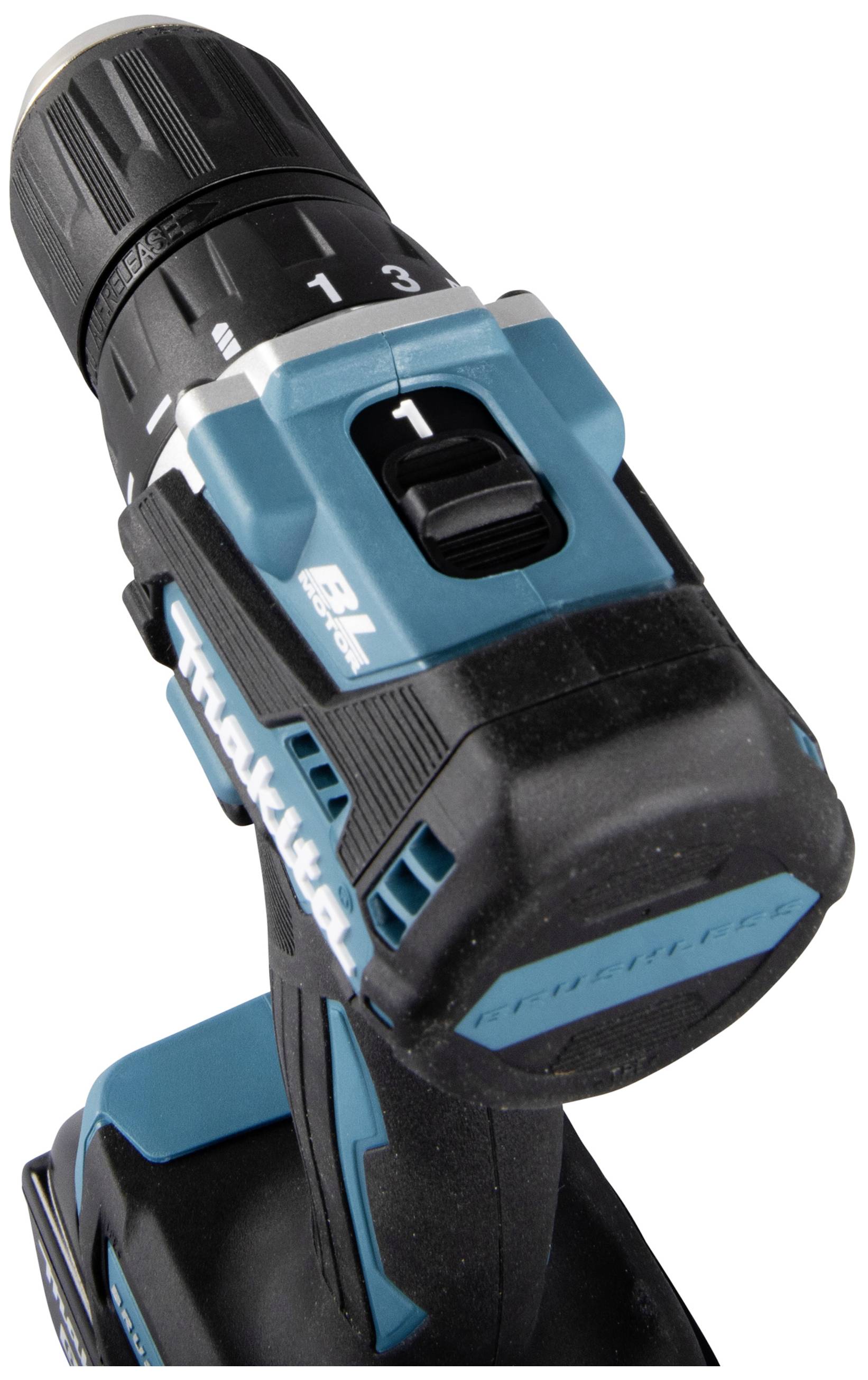 Trapano avvitatore a batteria con involucro blu, impugnatura nera e coppia regolabile, visto da una prospettiva laterale.