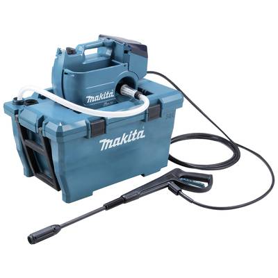 Un idropulitrice portatile Makita, dotata di tubo e pistola a spruzzo. L'apparecchio è montato su un contenitore robusto.