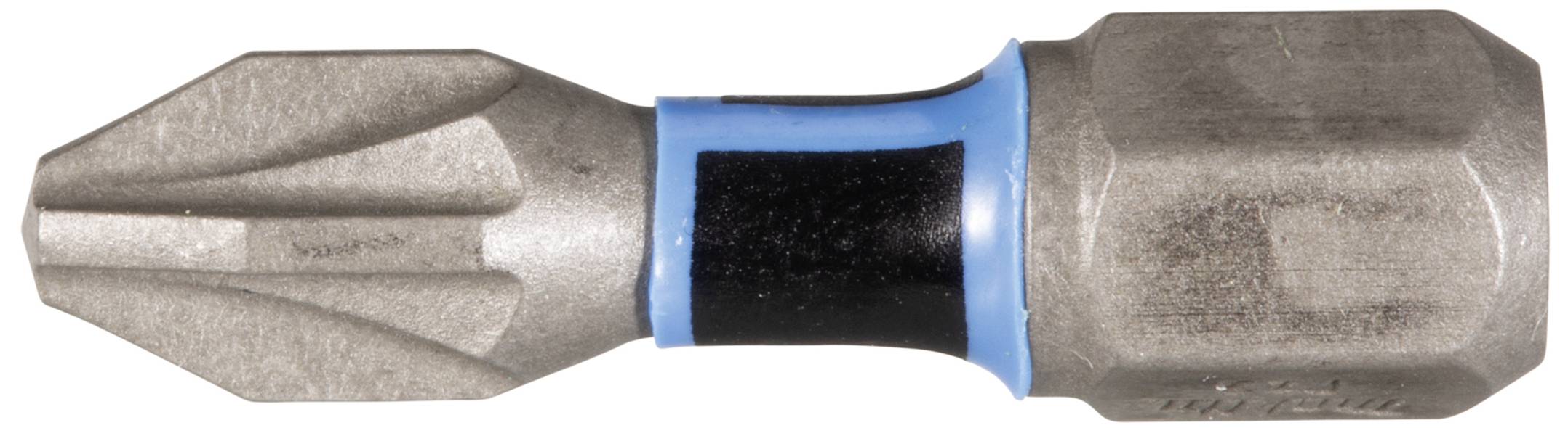 Un bit per cacciavite Philips con un anello blu e nero al centro, disposto orizzontalmente.