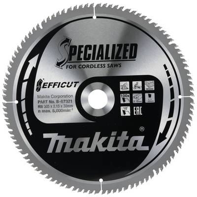 Disco circolare con la scritta 'Specializzato per Seghe a Batteria'. Logo Makita, parametri e simboli per diversi materiali.
