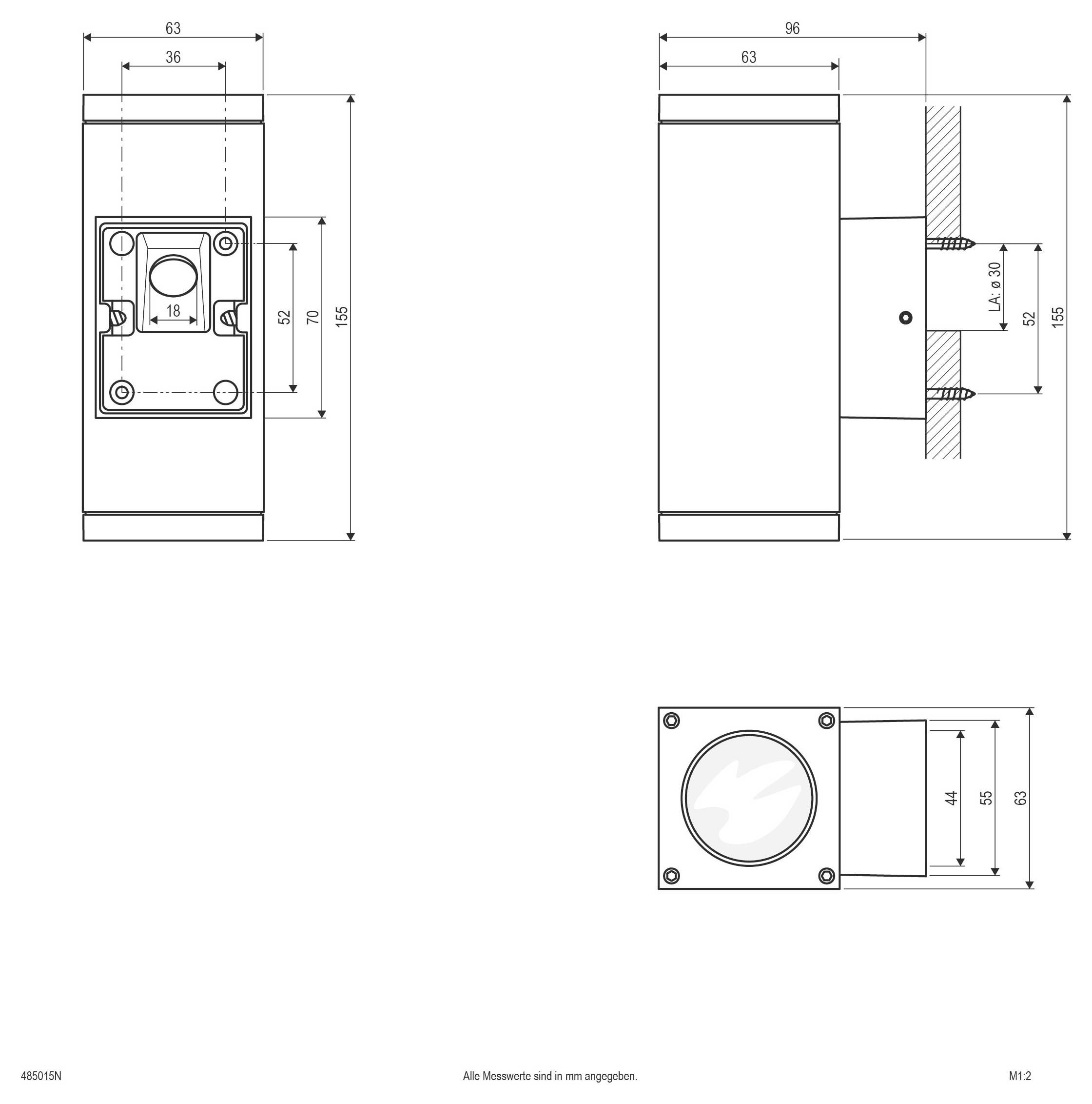 Disegno tecnico con dimensioni di un dispositivo rettangolare montato a parete mostrato in viste frontale, laterale e superiore con misure etichettate in millimetri.