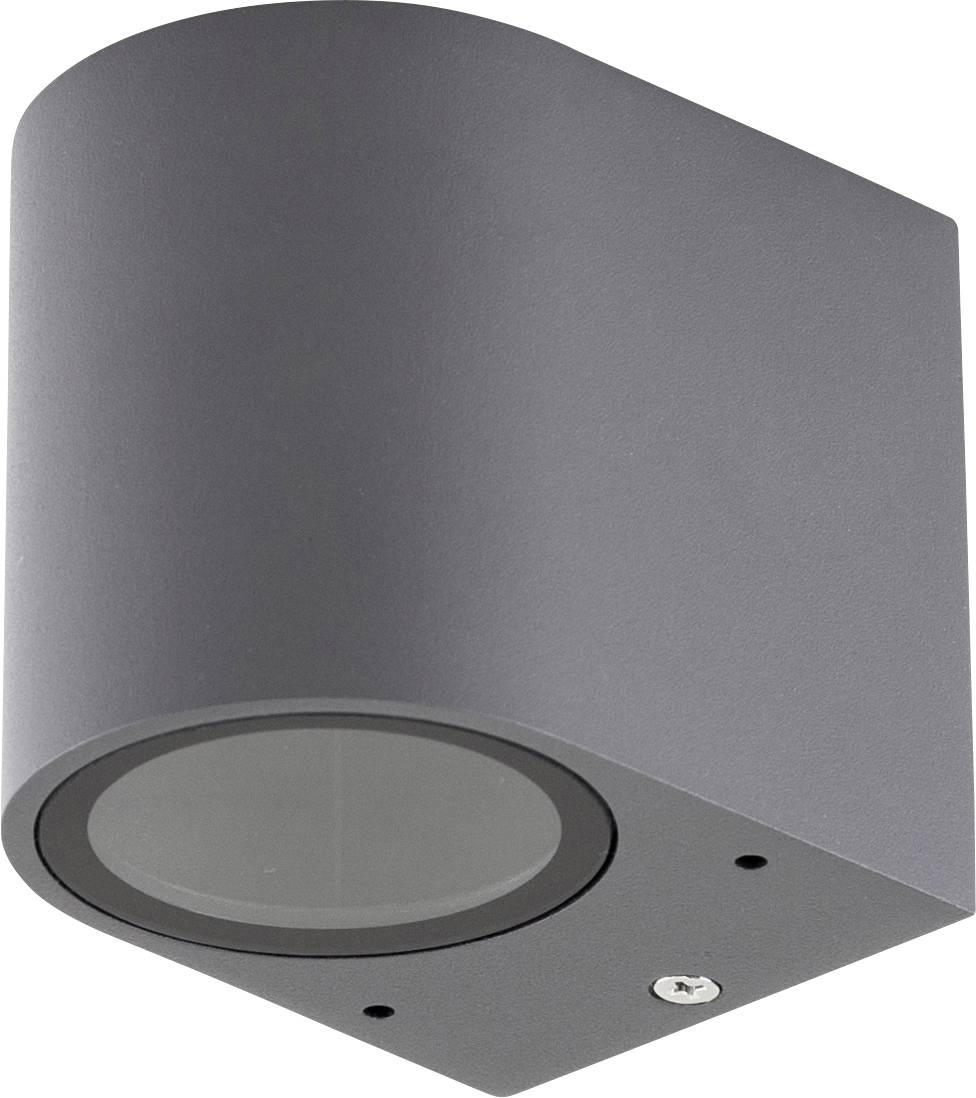 Apparecchio di illuminazione esterno grigio cilindrico montato a parete con lente circolare nella parte inferiore.