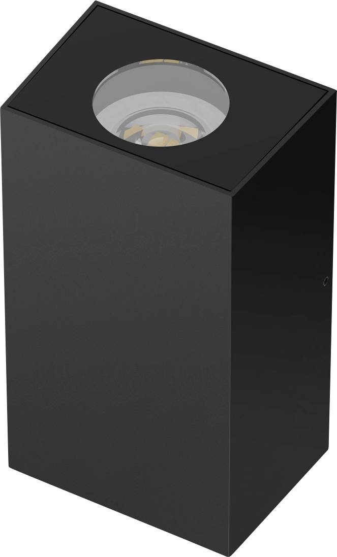 Apparecchio di illuminazione da parete rettangolare nero con apertura circolare del faretto da incasso sulla parte superiore, mostrato in vista di prodotto 3D