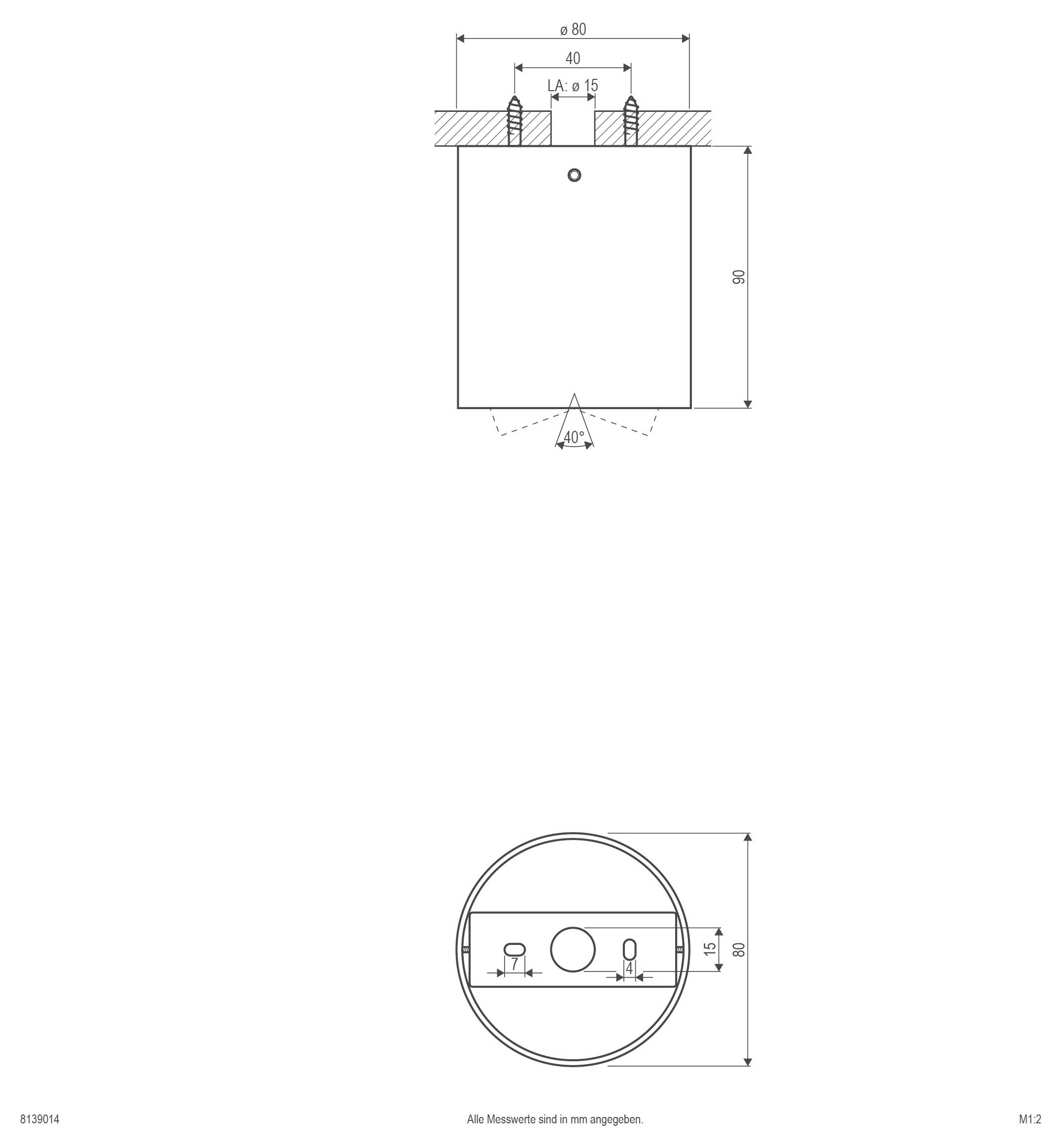 Disegno tecnico di un componente cilindrico che mostra le viste superiore e frontale con dimensioni, inclusi diametro di 80 mm, altezza di 80 mm e un angolo inferiore di 40°.