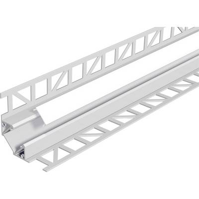 Sezione trasversale di un canale di illuminazione in alluminio con fessura e coperchio diffusore bianco, mostrato in prospettiva su sfondo bianco.
