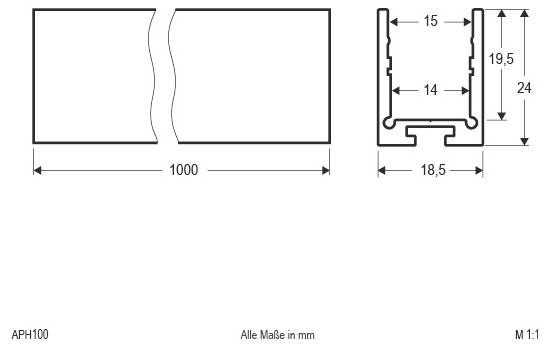 Disegno tecnico di una sezione di profilo etichettata 'APH100' con dimensioni in mm: larghezza totale 1000, sezione trasversale 18,5 di larghezza e 24 di altezza, con larghezze interne 15 e 14.