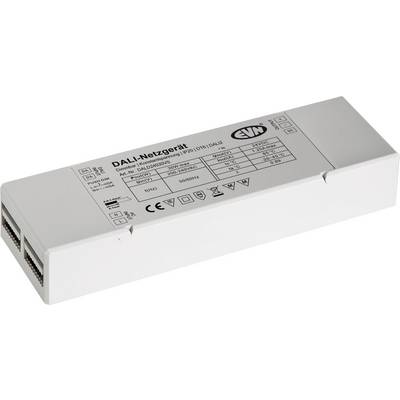 Alimentatore/modulo di controllo DALI bianco rettangolare con etichetta stampata e porte connettore sul lato sinistro.