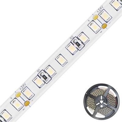 Striscia LED bianca a 24V con LED montati in superficie mostrata in diagonale, più un rocchetto di nastro LED in basso a destra.