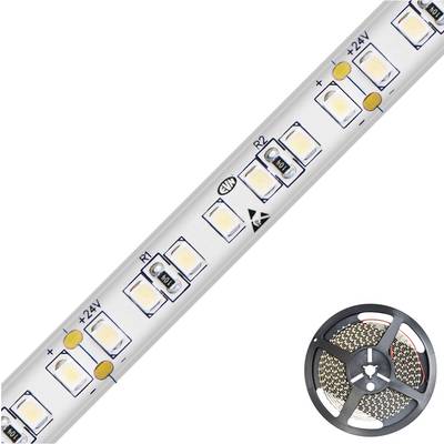 Rotolo di striscia di luci LED con circuiti visibili e una bobina di illuminazione a strisce sul lato.