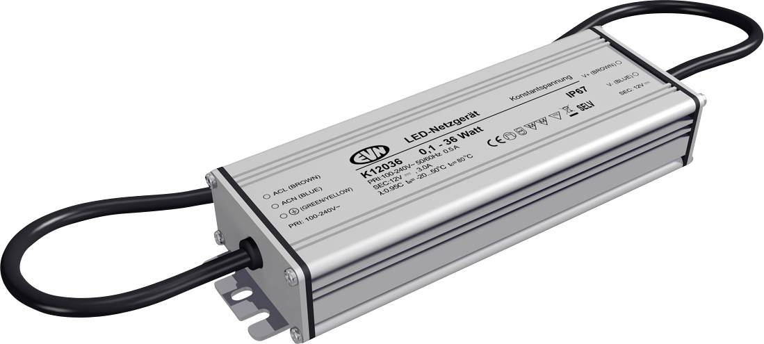 EVN K12036 Trasformatore per LED Tensione costante 36 W 12 V/DC adatto per mobili, Circuito PFC, non dimmerabile, adatto per esterno (outdoor), Protezione sovraccarico 1 pz.