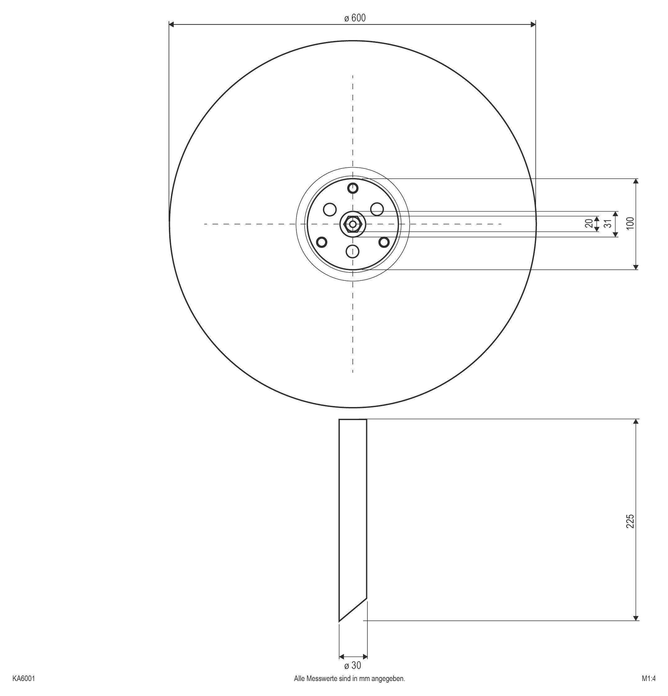 Disegno tecnico di una parte circolare con diametro di 600 mm, mozzo di montaggio centrale e braccio laterale; la vista laterale inferiore mostra un'altezza di 225 mm e una larghezza di 30 mm.