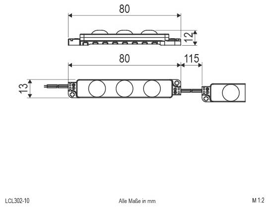 Disegno tecnico di un'assemblea modulare di illuminazione a LED con dimensioni in millimetri; sezione principale lunga 80 mm e alta 13 mm, più un'estensione di 115 mm e uno spessore di 12 mm.