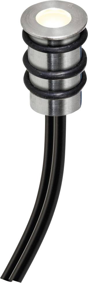 Faretto a incasso cilindrico in metallo con LED e due cavi di connessione neri.