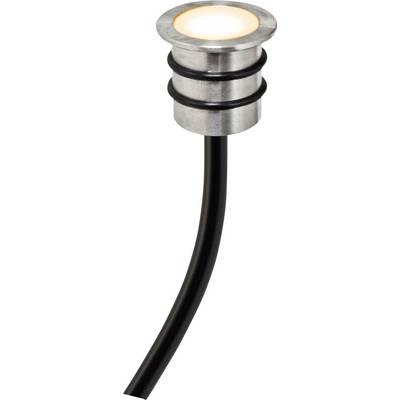 Un punto luce LED rotondo, argentato, con due guarnizioni di gomma nere e un cavo nero, idoneo per l'uso esterno.