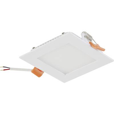 Pannello LED da incasso quadrato per soffitto con clip a molla e cavi collegati, mostrato su sfondo bianco.