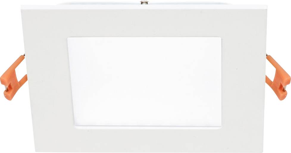 Plafoniera LED rettangolare in un involucro bianco con clip arancioni sui lati, adatta per l'illuminazione d'interni.