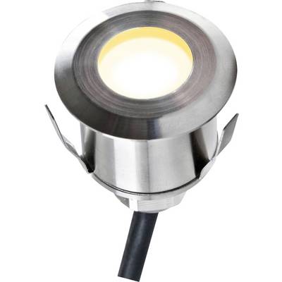 Un faretto da terra a LED argentato con involucro circolare e cavo nero, che illumina verso l'alto con luce bianca calda.