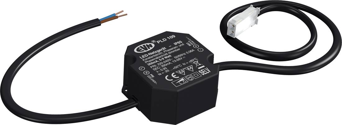Unità di alimentazione LED bianca etichettata 'LED-Netzgerät - SLD-12100' con linguette di montaggio e specifiche elettriche stampate sulla parte superiore.