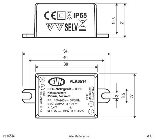 Disegno tecnico di un alimentatore LED EVN PLK6514, che mostra le dimensioni in mm ed etichette incluse IP65, SELV, ingresso 230–240V e uscita 3–12V.