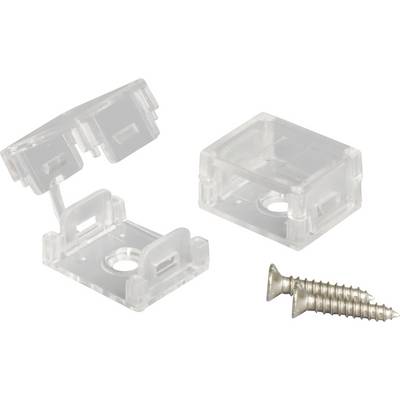 Porta fusibili in plastica trasparente con coperchi a cerniera e due viti di montaggio su sfondo bianco.
