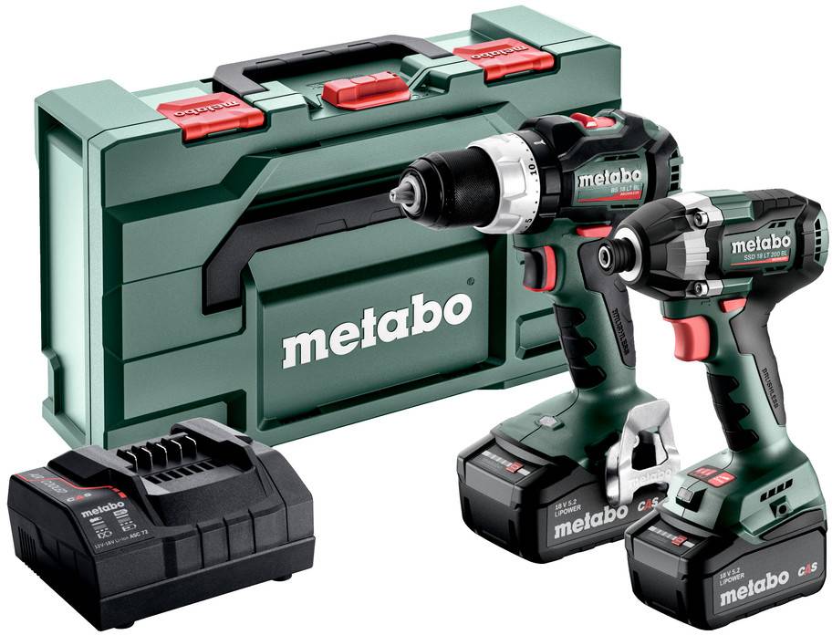 Set di trapano a batteria e avvitatore ad impulsi Metabo con caricabatterie e custodia di trasporto verde.