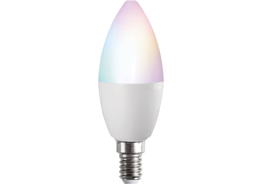 Una lampadina LED a risparmio energetico a forma di candela con effetto luminoso che cambia colore, adatta per l'illuminazione decorativa.