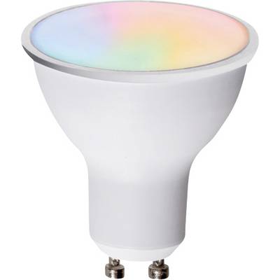 Una moderna lampadina LED bianca con testa intercambiabile a colori pastello, adatta per attacchi GU10.