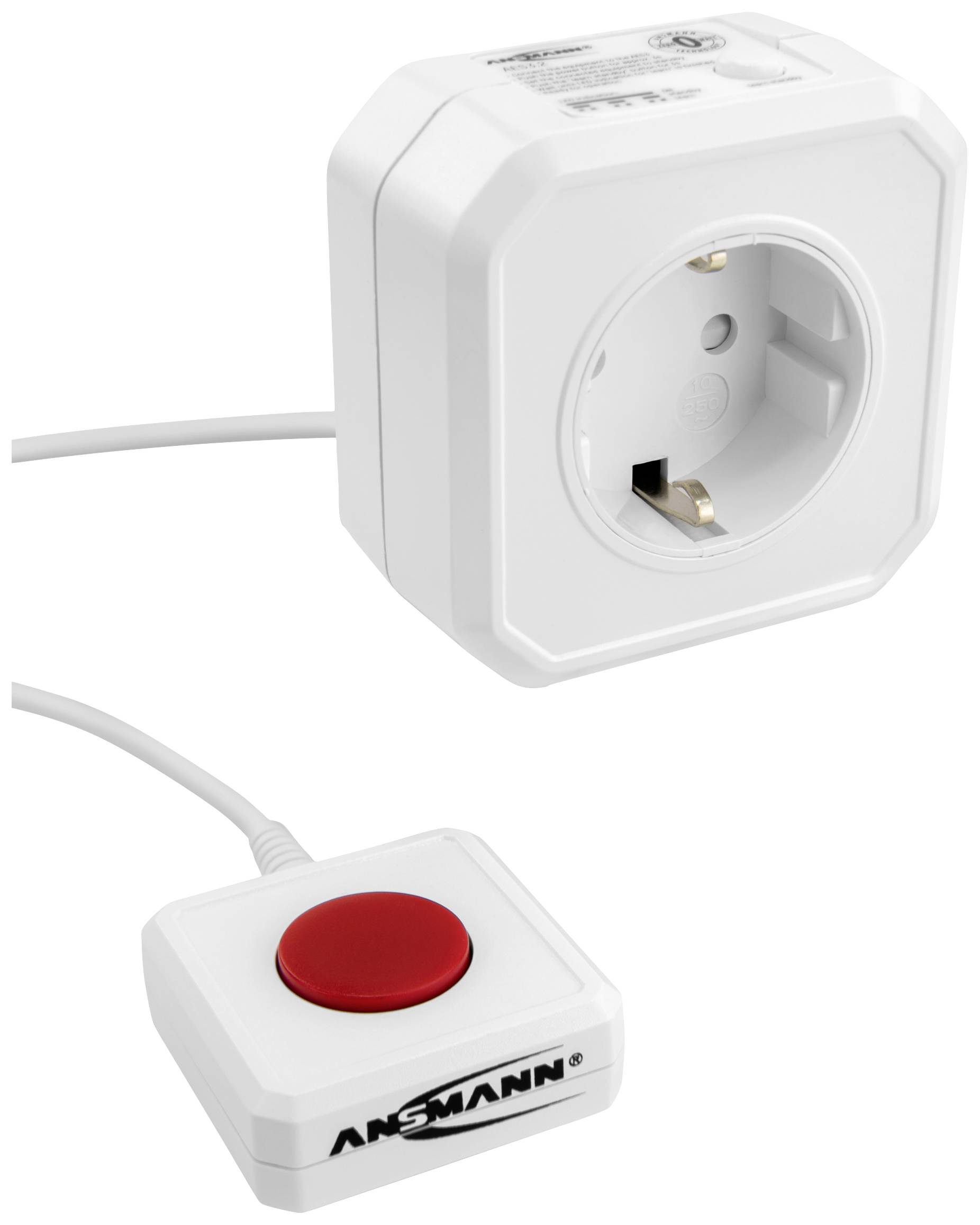 Interruttore con pulsante rosso si collega tramite cavo a una presa elettrica bianca. La presa ha un design europeo ed è montata a parete.