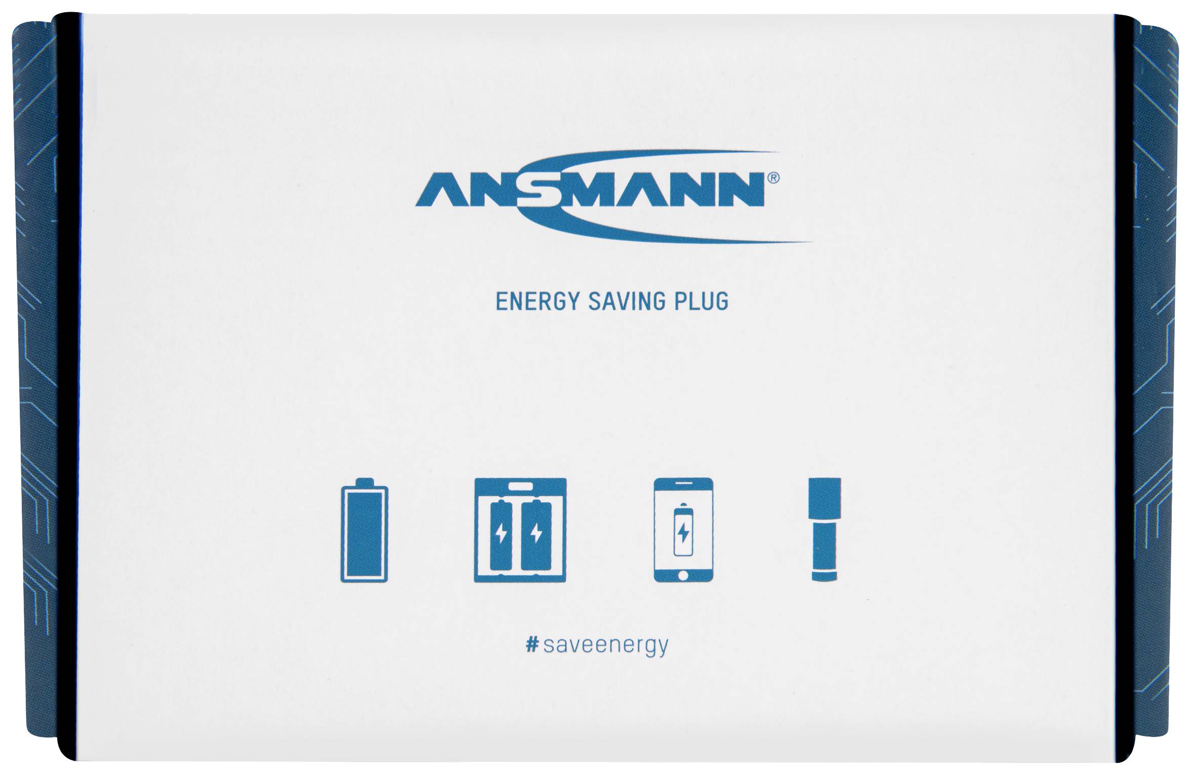 Uno sfondo bianco mostra il logo Ansmann, il testo 'Energy Saving Plug' e simboli di batteria, carica e smartphone con l'hashtag '#saveenergy'.