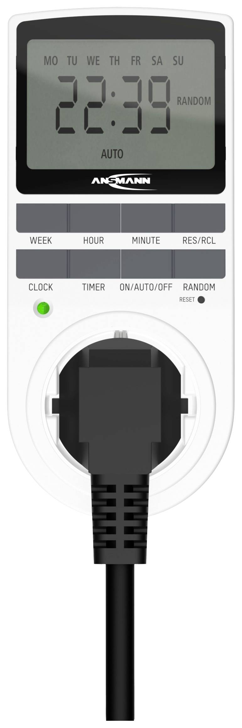 Orologio digitale con timer mostra '22:39' sul display. Le opzioni di impostazione includono Settimana, Ora, Minuto, Casuale e altro ancora.