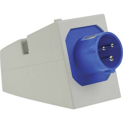 Spina CEE blu a tre poli in un involucro bianco, utilizzata per connessioni elettriche industriali.