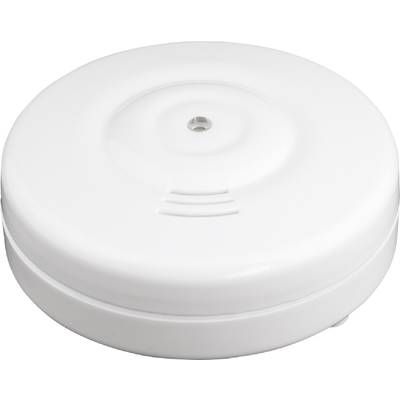 Un rilevatore di fumo rotondo, bianco, con un piccolo sensore centrale. Ideale per rilevare il fumo in ambienti interni.