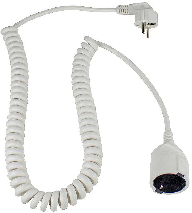 Un cavo di prolunga bianco a spirale con spina e presa. Ideale per connessioni elettriche flessibili e che risparmiano spazio.