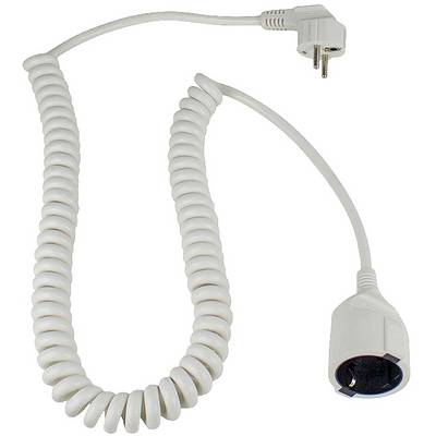Un cavo di prolunga bianco a spirale con spina e presa. Ideale per connessioni elettriche flessibili e che risparmiano spazio.