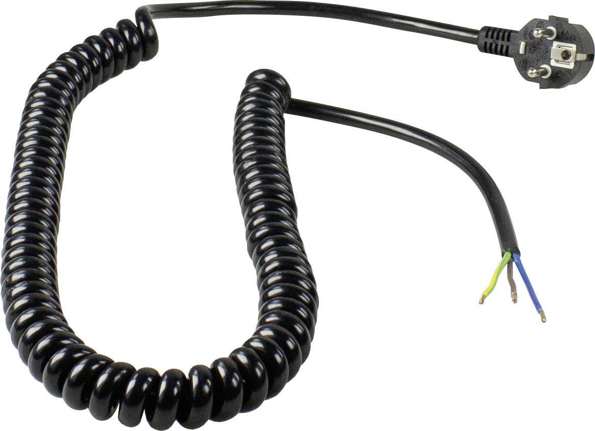 Cavo a spirale nero con una spina Schuko con messa a terra su un lato e tre estremità di cavo non isolate e aperte sull'altro lato.
