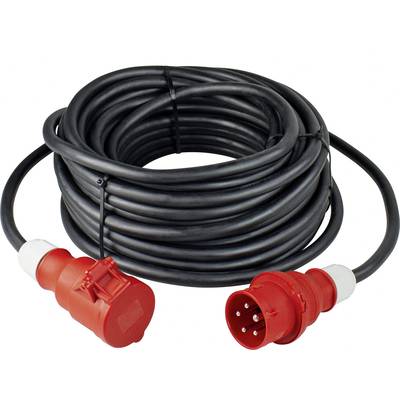 Un lungo cavo di prolunga elettrica arrotolato con spine CEE rosse per applicazioni industriali.