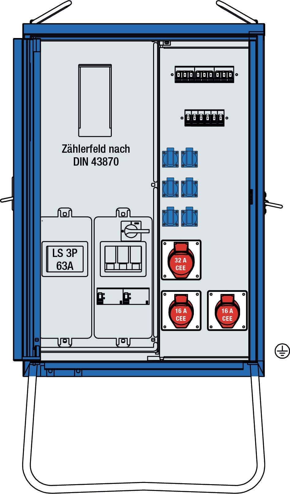Armadio elettrico con diverse prese blu, due connettori CEE rossi e un campo contatore secondo la norma DIN 43870.
