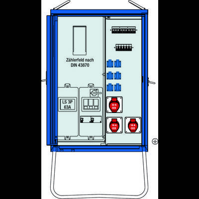 Armadio elettrico con diverse prese blu, due connettori CEE rossi e un campo contatore secondo la norma DIN 43870.