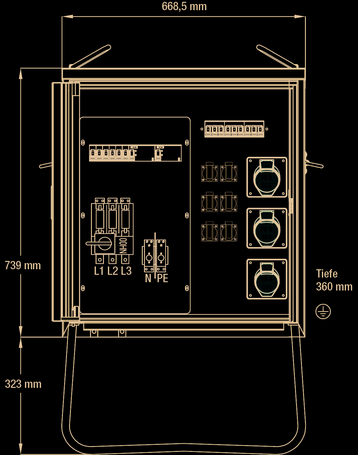 'Pannello elettrico con dimensioni 668,5 mm x 739 mm x 360 mm. Contiene interruttori di potenza, prese e indicatore di tensione.'