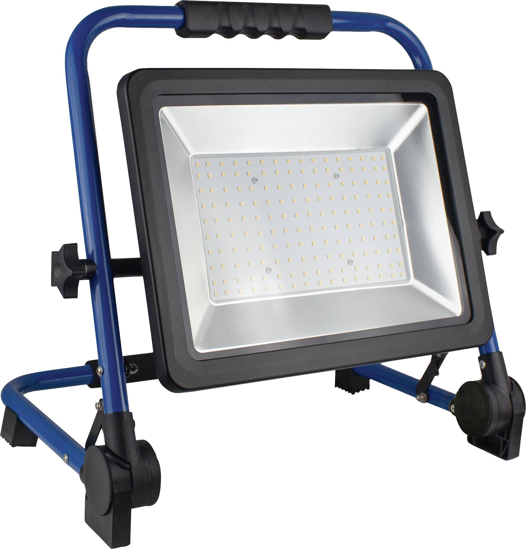 Un proiettore LED portatile con una cornice blu è posizionato sul pavimento. Il proiettore ha un design rettangolare e diverse lampade LED.