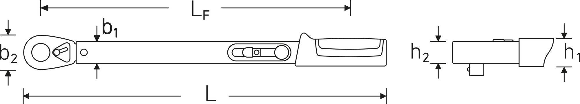 Disegno tecnico di una chiave dinamometrica con misure: larghezza testa (b1), lunghezza (L, LF), altezza (h, h1), attacco quadro (S2, h2).