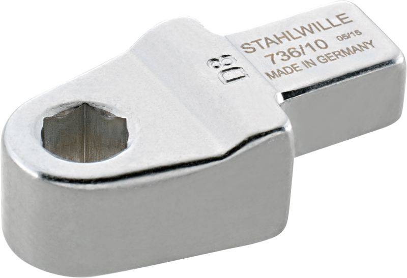 Un inserimento per set di utensili in argento con inciso 'STAHLWILLE 736/10' e 'MADE IN GERMANY'.